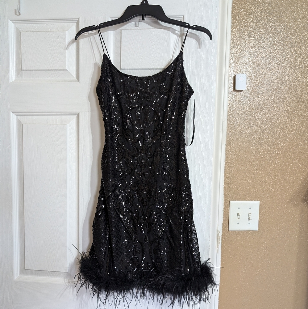 Black Sequin Dress with Feather Trim